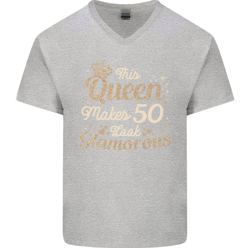 50th Birthday Queen Fifty Years Old 50 Mens V-Neck Cotton T-Shirt Sports Grey