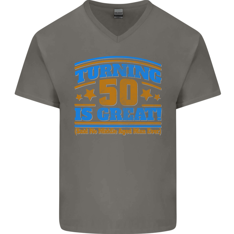 50th Birthday Turning 50 Is Great Year Old Mens V-Neck Cotton T-Shirt Charcoal