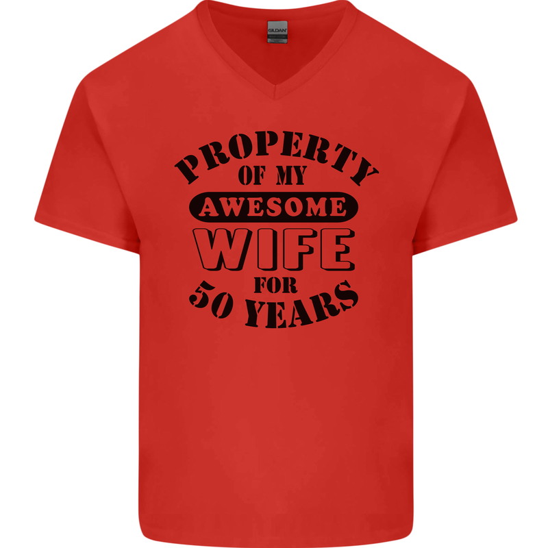 50th Wedding Anniversary 50 Year Funny Wife Mens V-Neck Cotton T-Shirt Red