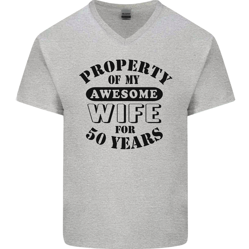 50th Wedding Anniversary 50 Year Funny Wife Mens V-Neck Cotton T-Shirt Sports Grey