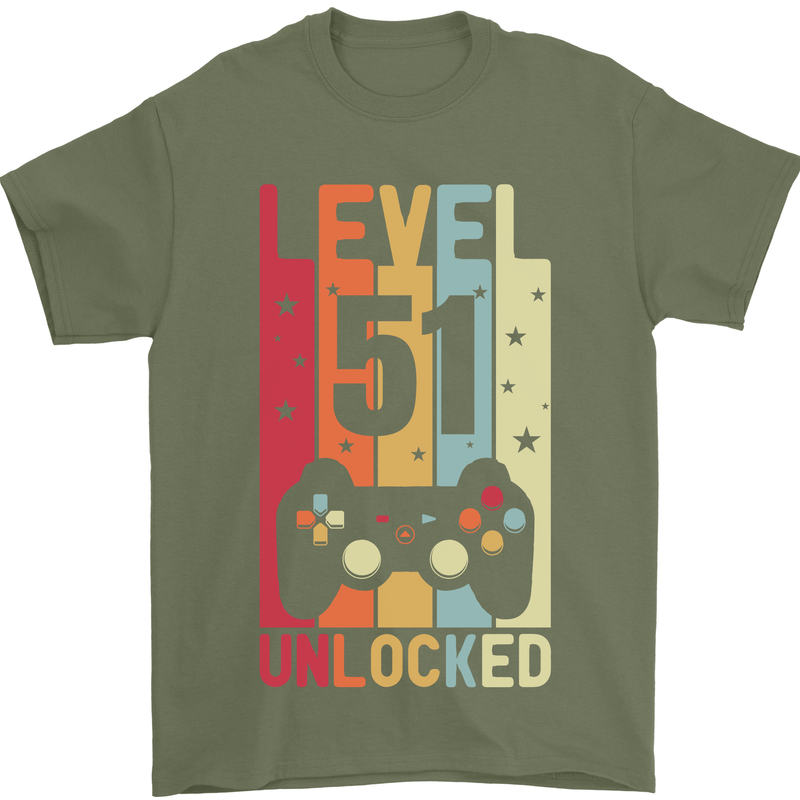 51st Birthday 51 Year Old Level Up Gamming Mens T-Shirt 100% Cotton Military Green