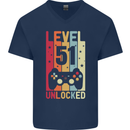 51st Birthday 51 Year Old Level Up Gamming Mens V-Neck Cotton T-Shirt Navy Blue