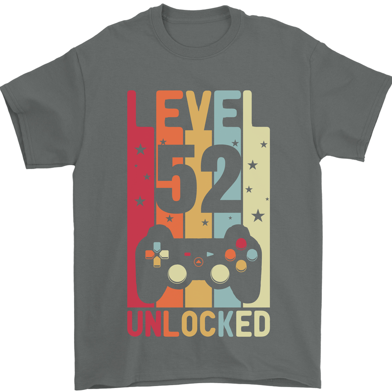 52nd Birthday 52 Year Old Level Up Gamming Mens T-Shirt 100% Cotton Charcoal