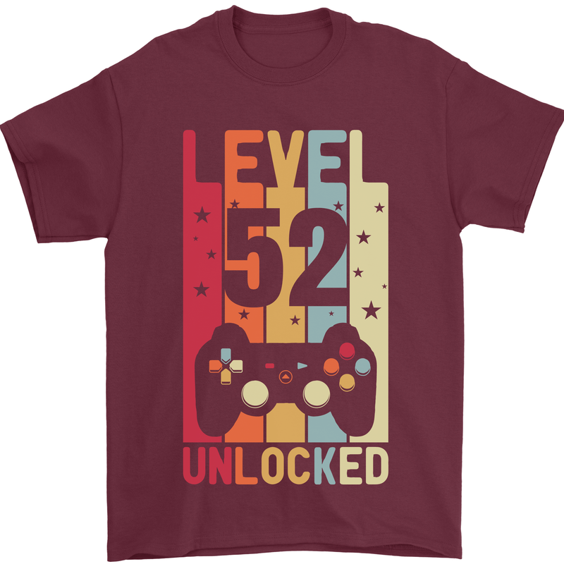 52nd Birthday 52 Year Old Level Up Gamming Mens T-Shirt 100% Cotton Maroon