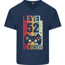 52nd Birthday 52 Year Old Level Up Gamming Mens V-Neck Cotton T-Shirt Navy Blue