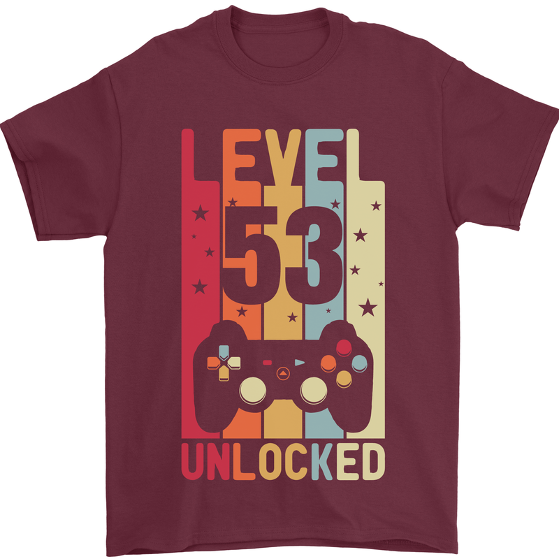 53rd Birthday 53 Year Old Level Up Gamming Mens T-Shirt 100% Cotton Maroon