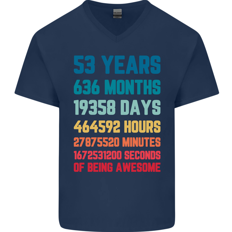 53rd Birthday 53 Year Old Mens V-Neck Cotton T-Shirt Navy Blue