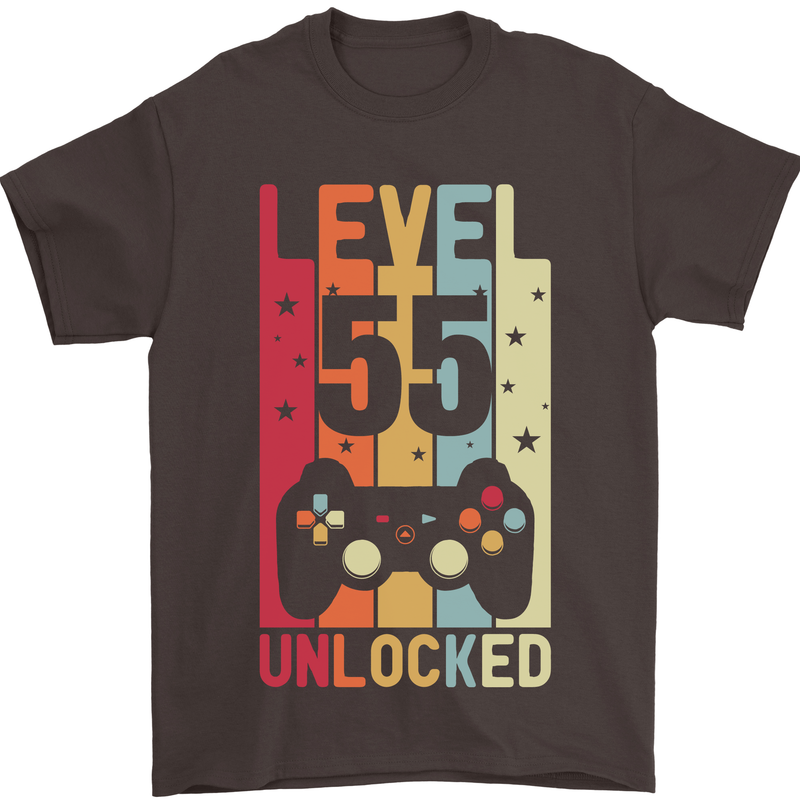 55th Birthday 55 Year Old Level Up Gamming Mens T-Shirt 100% Cotton Dark Chocolate