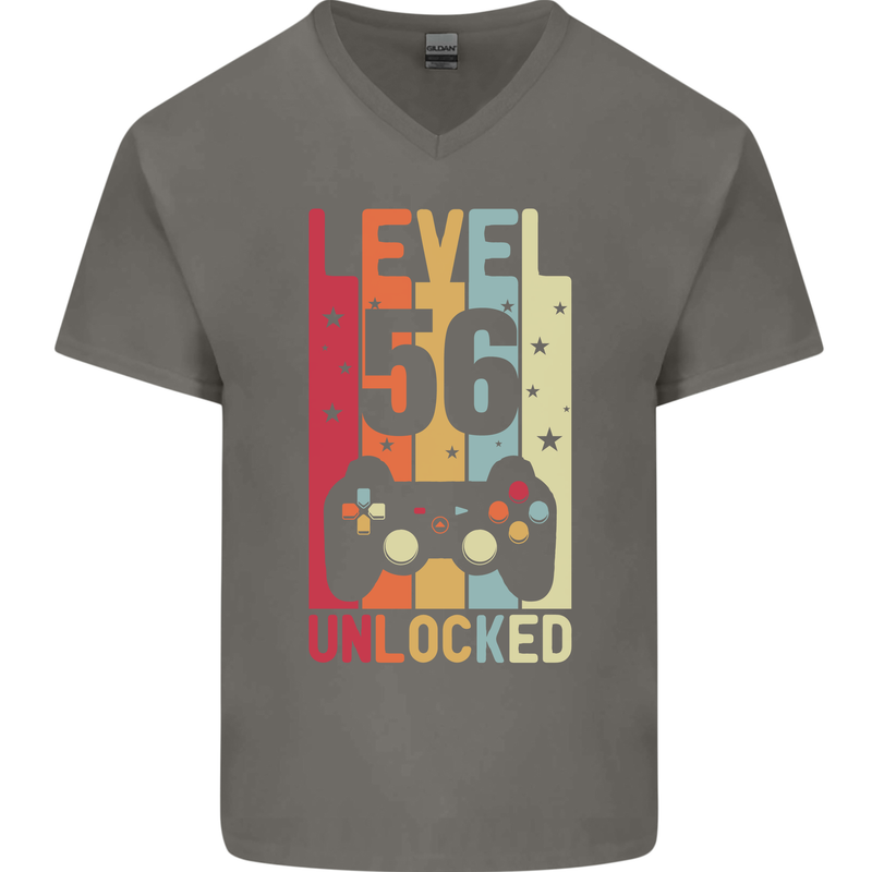 56th Birthday 56 Year Old Level Up Gamming Mens V-Neck Cotton T-Shirt Charcoal