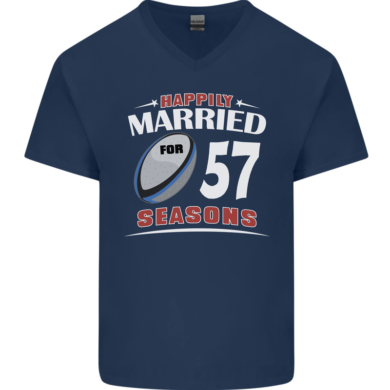 57 Year Wedding Anniversary 57th Rugby Mens V-Neck Cotton T-Shirt Navy Blue