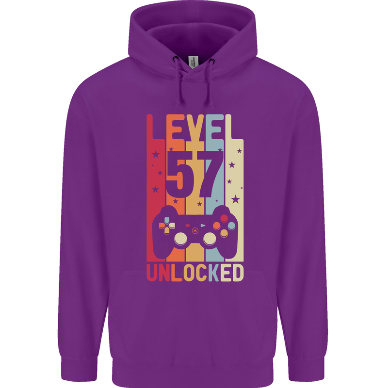 57th Birthday 57 Year Old Level Up Gamming Mens 80% Cotton Hoodie Purple