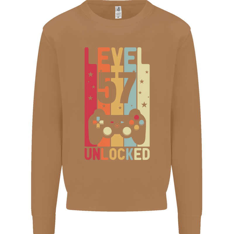 57th Birthday 57 Year Old Level Up Gamming Mens Sweatshirt Jumper Caramel Latte