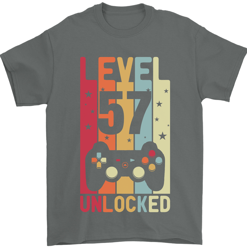 57th Birthday 57 Year Old Level Up Gamming Mens T-Shirt 100% Cotton Charcoal