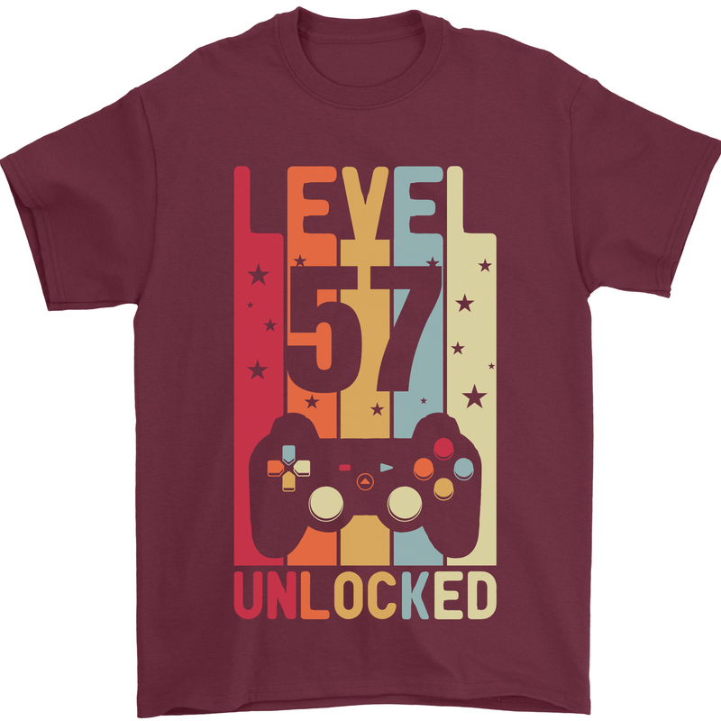 57th Birthday 57 Year Old Level Up Gamming Mens T-Shirt 100% Cotton Maroon
