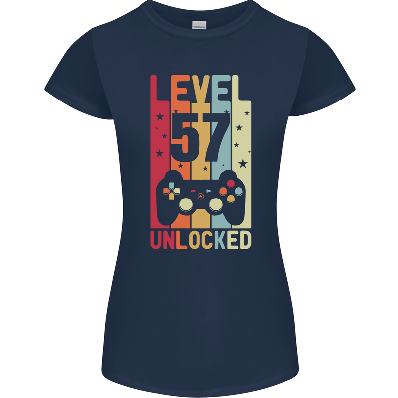 57th Birthday 57 Year Old Level Up Gamming Womens Petite Cut T-Shirt Navy Blue