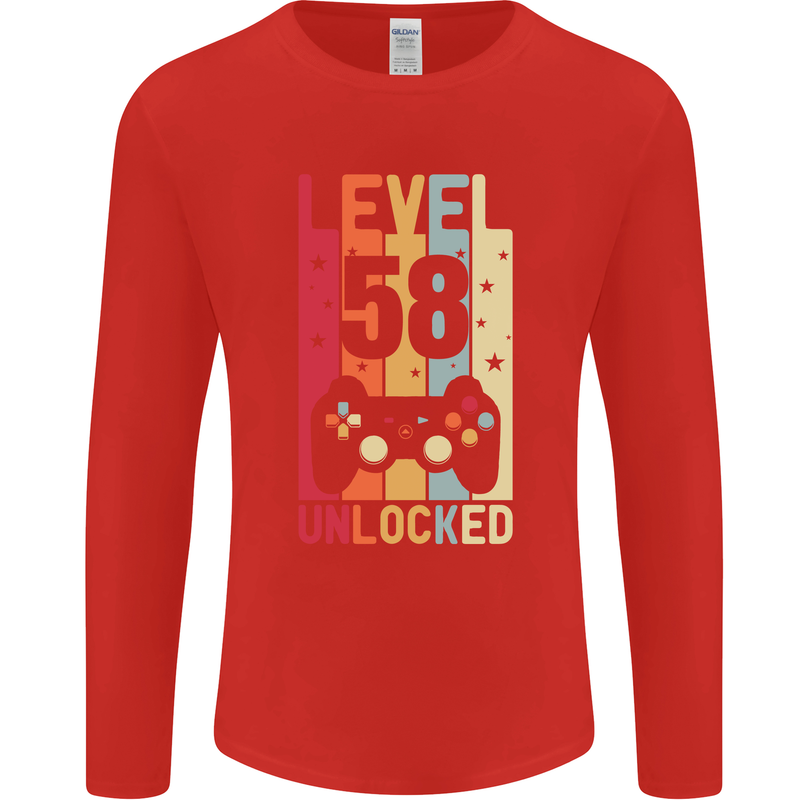 58th Birthday 58 Year Old Level Up Gamming Mens Long Sleeve T-Shirt Red