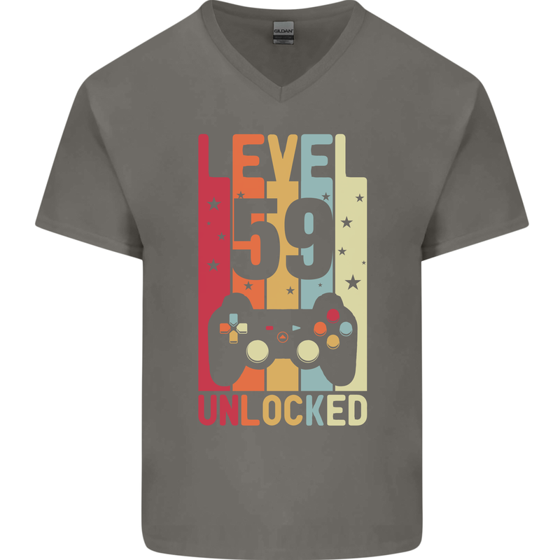 59th Birthday 59 Year Old Level Up Gamming Mens V-Neck Cotton T-Shirt Charcoal