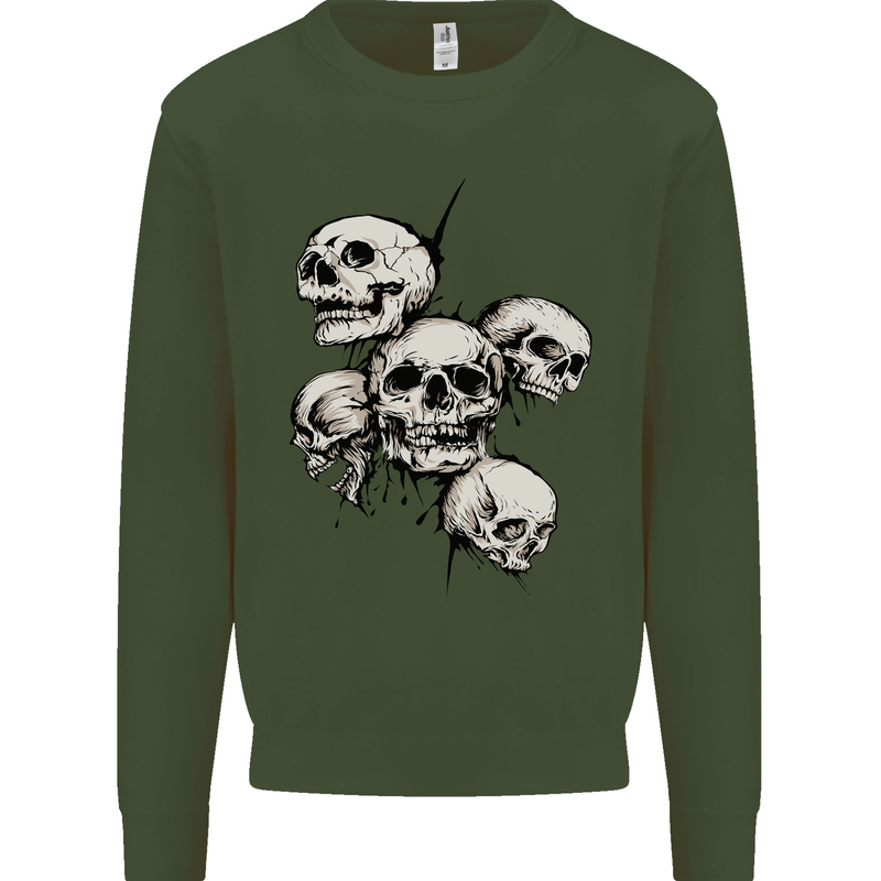 5 Skulls Demons Biker Gothic Heavy Metal Kids Sweatshirt Jumper Forest Green