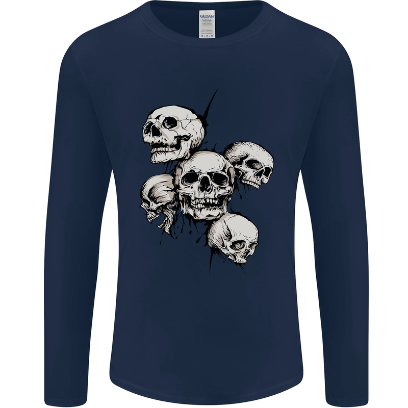 5 Skulls Demons Biker Gothic Heavy Metal Mens Long Sleeve T-Shirt Navy Blue