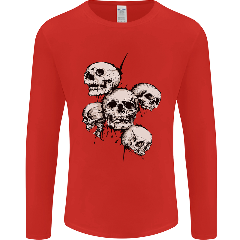 5 Skulls Demons Biker Gothic Heavy Metal Mens Long Sleeve T-Shirt Red