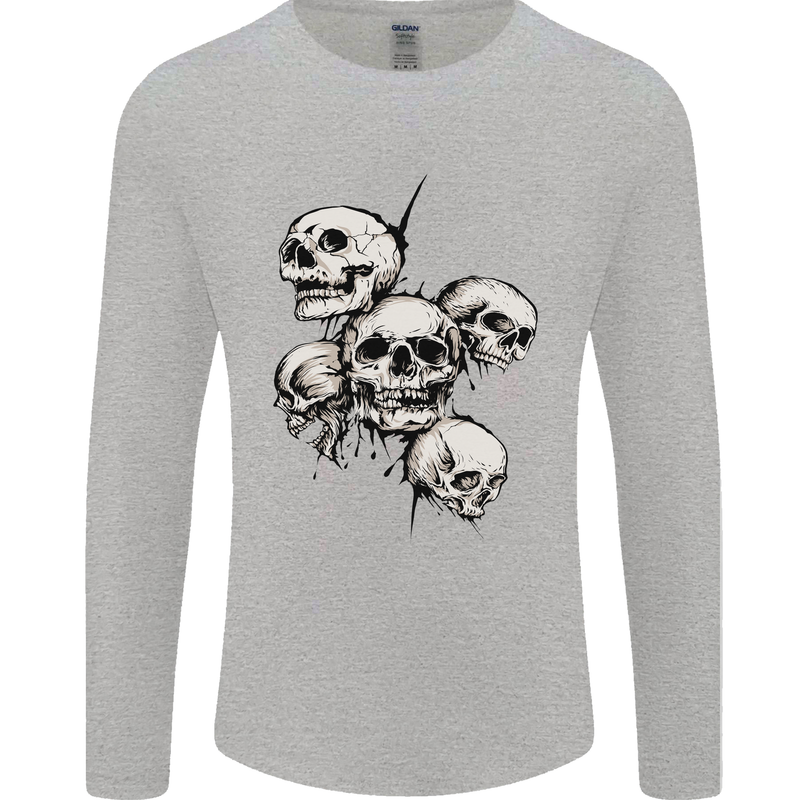 5 Skulls Demons Biker Gothic Heavy Metal Mens Long Sleeve T-Shirt Sports Grey