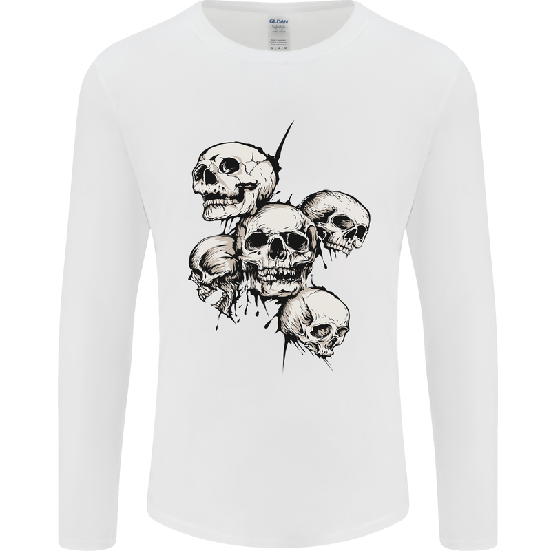 5 Skulls Demons Biker Gothic Heavy Metal Mens Long Sleeve T-Shirt White