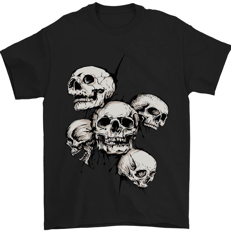 5 Skulls Demons Biker Gothic Heavy Metal Mens T-Shirt Cotton Gildan Black