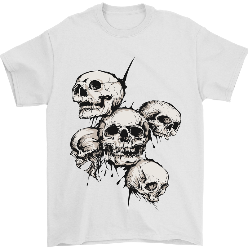 5 Skulls Demons Biker Gothic Heavy Metal Mens T-Shirt Cotton Gildan White