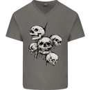 5 Skulls Demons Biker Gothic Heavy Metal Mens V-Neck Cotton T-Shirt Charcoal