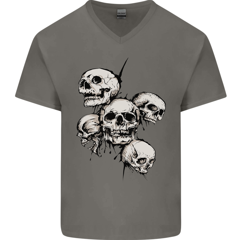 5 Skulls Demons Biker Gothic Heavy Metal Mens V-Neck Cotton T-Shirt Charcoal