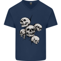 5 Skulls Demons Biker Gothic Heavy Metal Mens V-Neck Cotton T-Shirt Navy Blue