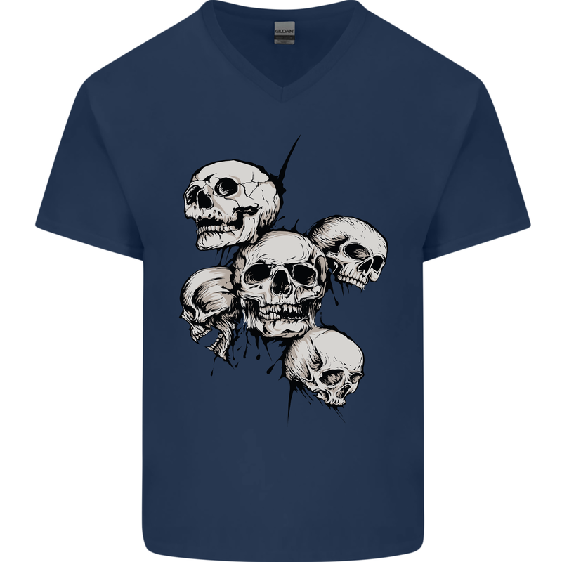 5 Skulls Demons Biker Gothic Heavy Metal Mens V-Neck Cotton T-Shirt Navy Blue