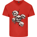 5 Skulls Demons Biker Gothic Heavy Metal Mens V-Neck Cotton T-Shirt Red