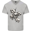 5 Skulls Demons Biker Gothic Heavy Metal Mens V-Neck Cotton T-Shirt Sports Grey