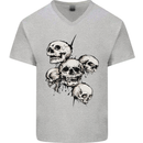 5 Skulls Demons Biker Gothic Heavy Metal Mens V-Neck Cotton T-Shirt Sports Grey