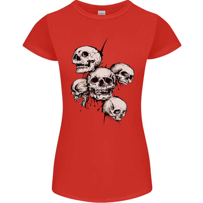 5 Skulls Demons Biker Gothic Heavy Metal Womens Petite Cut T-Shirt Red