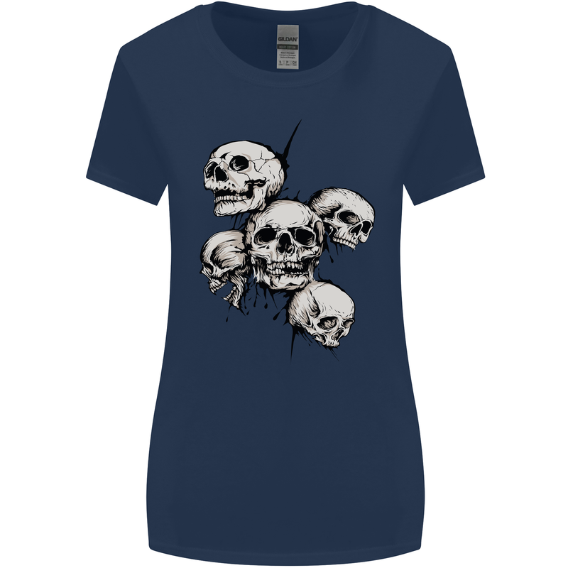 5 Skulls Demons Biker Gothic Heavy Metal Womens Wider Cut T-Shirt Navy Blue