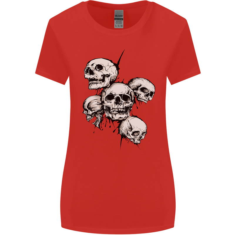 5 Skulls Demons Biker Gothic Heavy Metal Womens Wider Cut T-Shirt Red