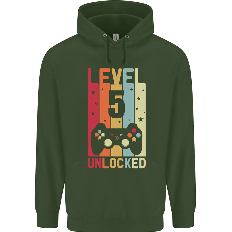 5th Birthday 5 Year Old Level Up Gamming Childrens Kids Hoodie Forest Green