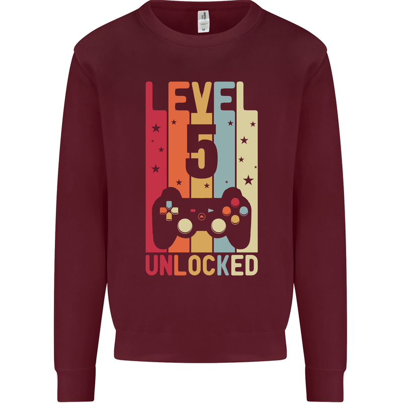 5th Birthday 5 Year Old Level Up Gamming Kids Sweatshirt Jumper Maroon