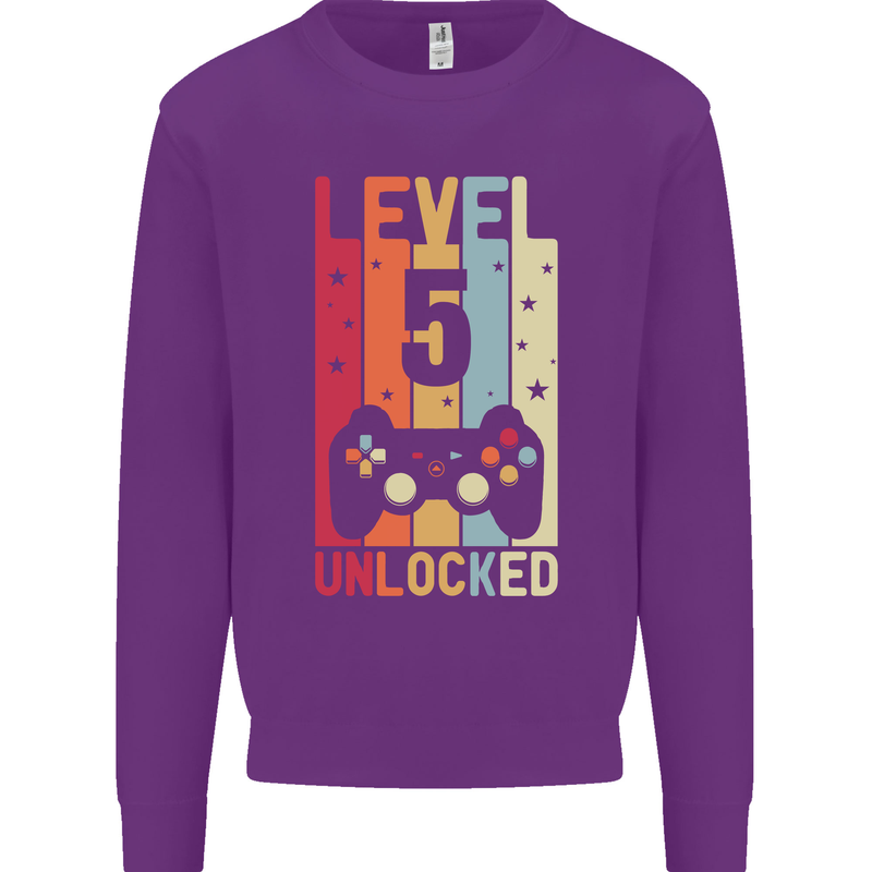 5th Birthday 5 Year Old Level Up Gamming Kids Sweatshirt Jumper Purple