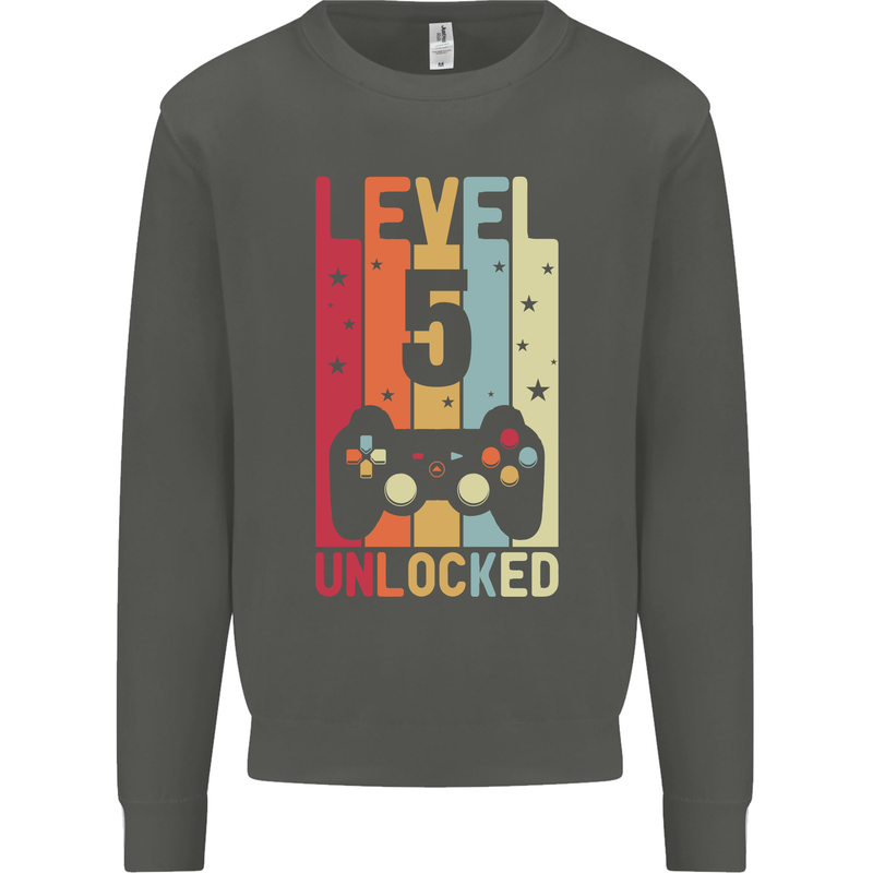 5th Birthday 5 Year Old Level Up Gamming Kids Sweatshirt Jumper Storm Grey