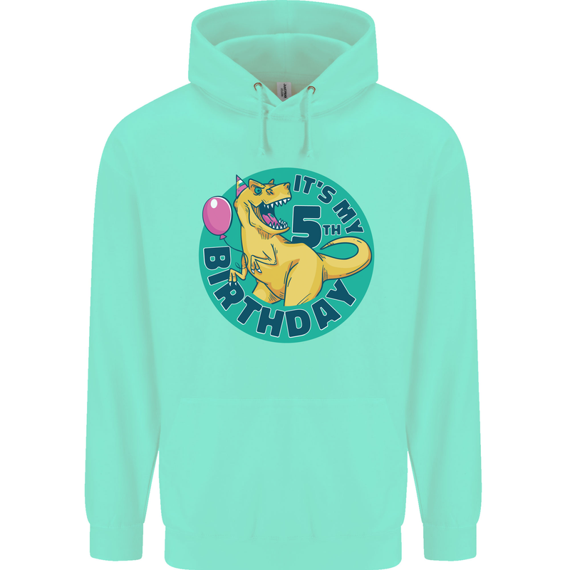 5th Birthday Dinosaur T-Rex 5 Year Old Childrens Kids Hoodie Peppermint