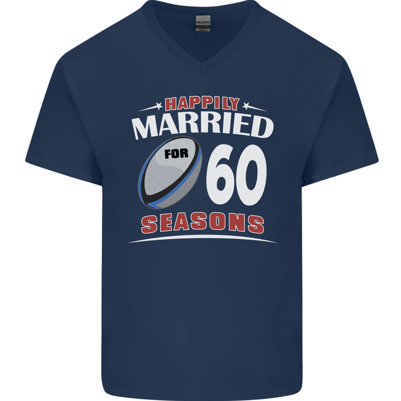 60 Year Wedding Anniversary 60th Rugby Mens V-Neck Cotton T-Shirt Navy Blue