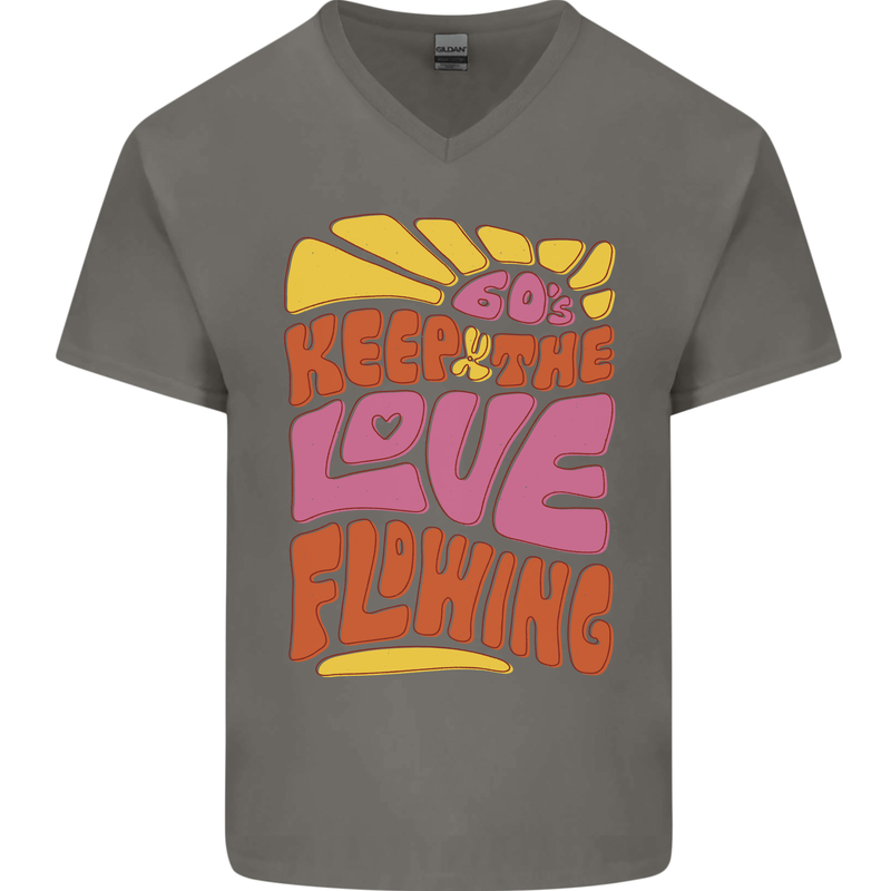 60s Keep the Love Flowing Funny Hippy Peace Mens V-Neck Cotton T-Shirt Charcoal