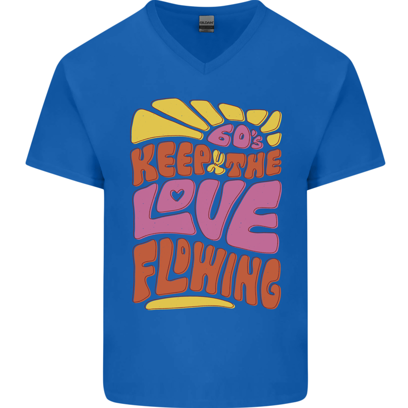 60s Keep the Love Flowing Funny Hippy Peace Mens V-Neck Cotton T-Shirt Royal Blue