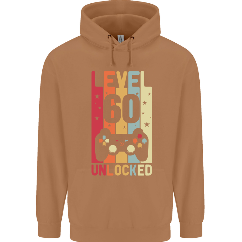 60th Birthday 60 Year Old Level Up Gamming Mens 80% Cotton Hoodie Caramel Latte