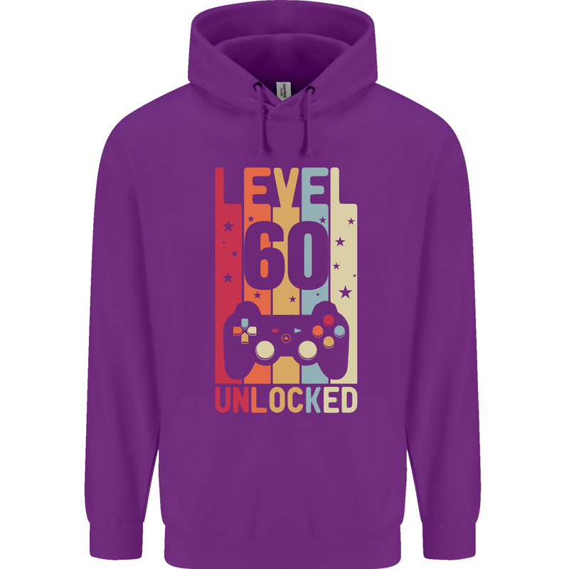 60th Birthday 60 Year Old Level Up Gamming Mens 80% Cotton Hoodie Purple