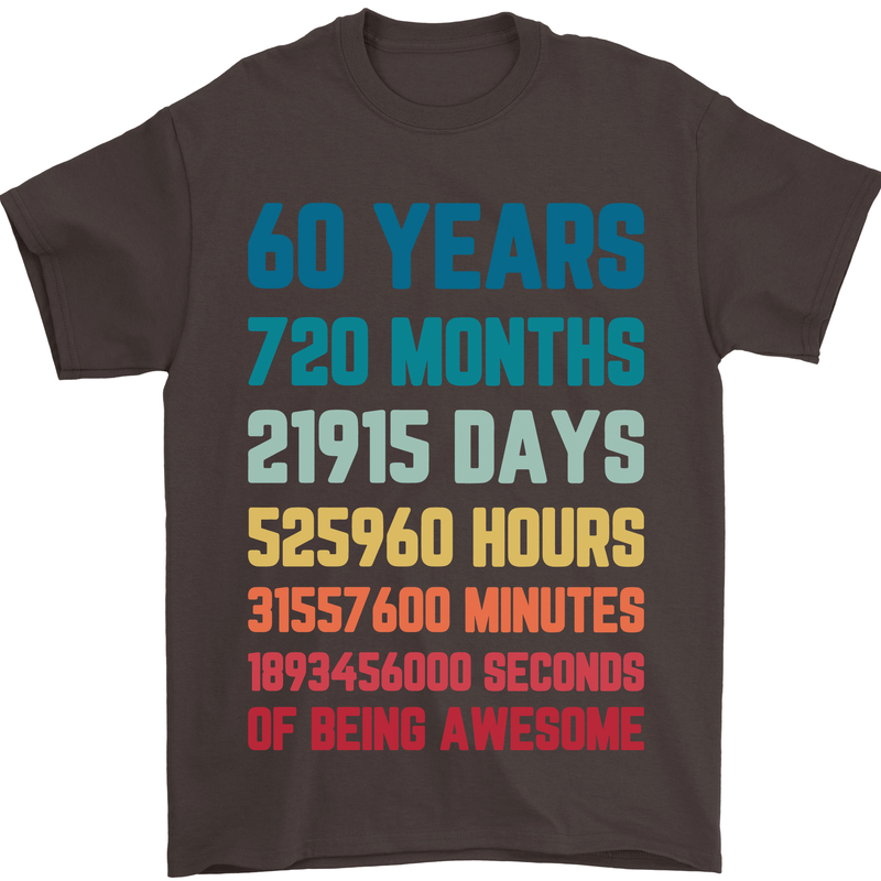 60th Birthday 60 Year Old Mens T-Shirt 100% Cotton Dark Chocolate