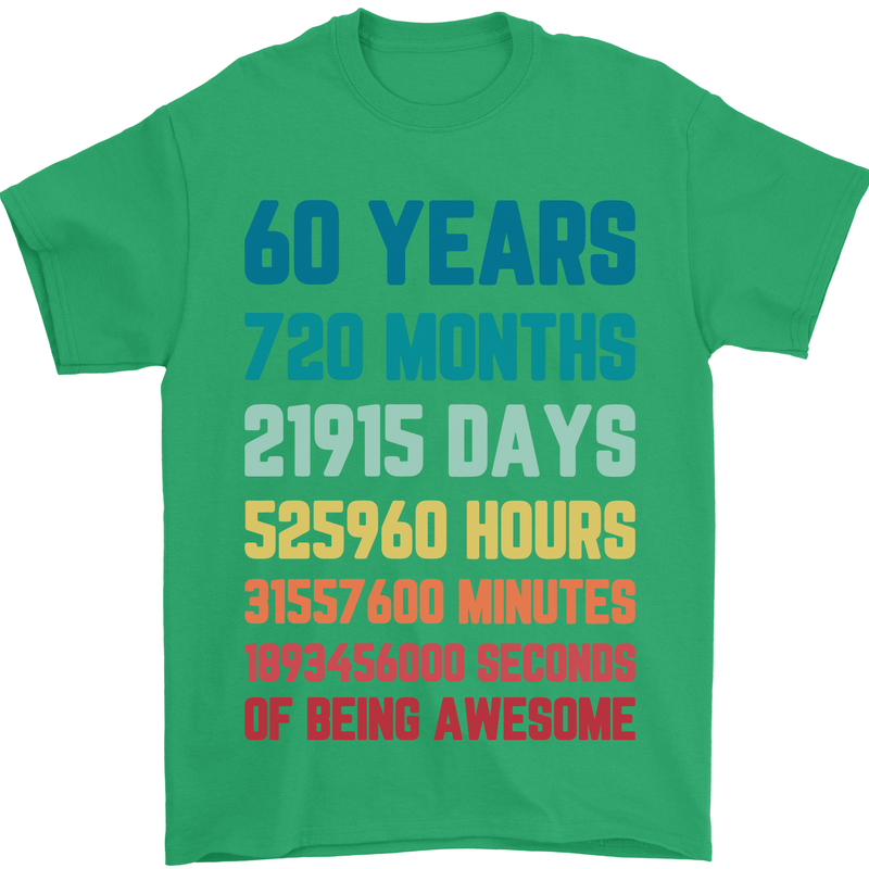 60th Birthday 60 Year Old Mens T-Shirt 100% Cotton Irish Green